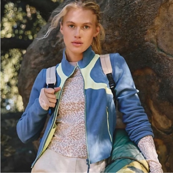 Free People In The Zone Zip Up Fleece Jacket Skyline/ Sour Citrus Size Large - Picture 2 of 11